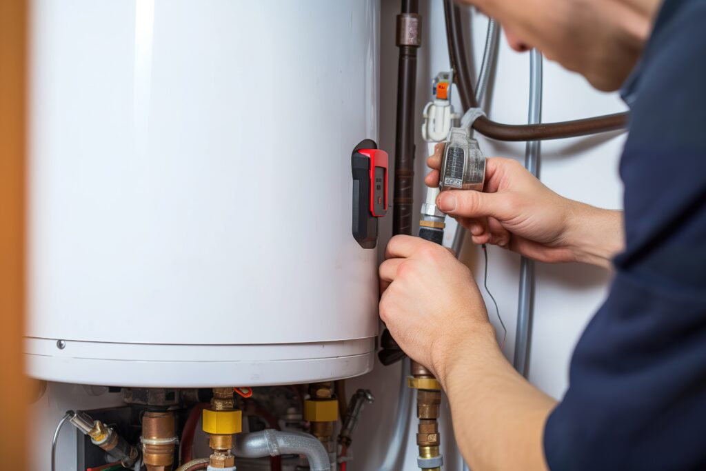 Hydraulic mechanic installer repairs an electric water heater